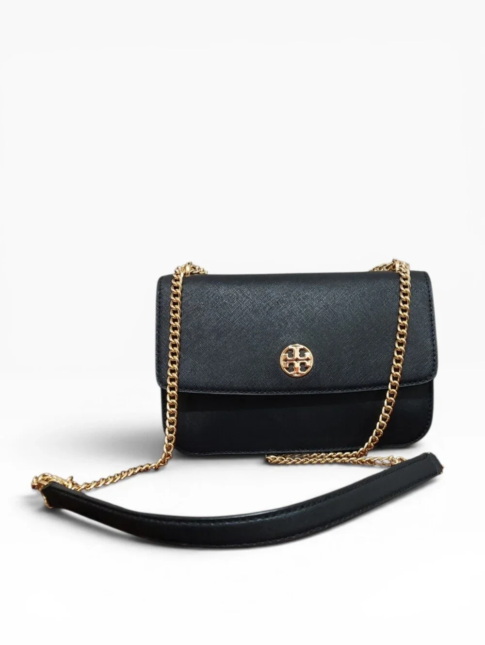 Tory Burch Robinson Chain Crossbody Convertable Bag Gently Loved Black W/ Gold